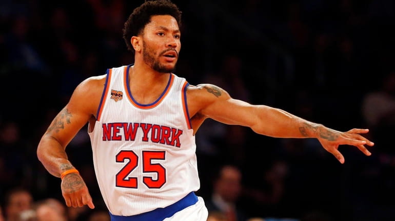 Derrick Rose of the Knicks reacts against the 76ers at...