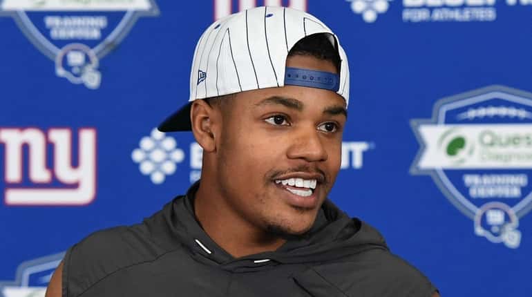 Giants wide receiver Sterling Shepard answers questions after minicamp on...