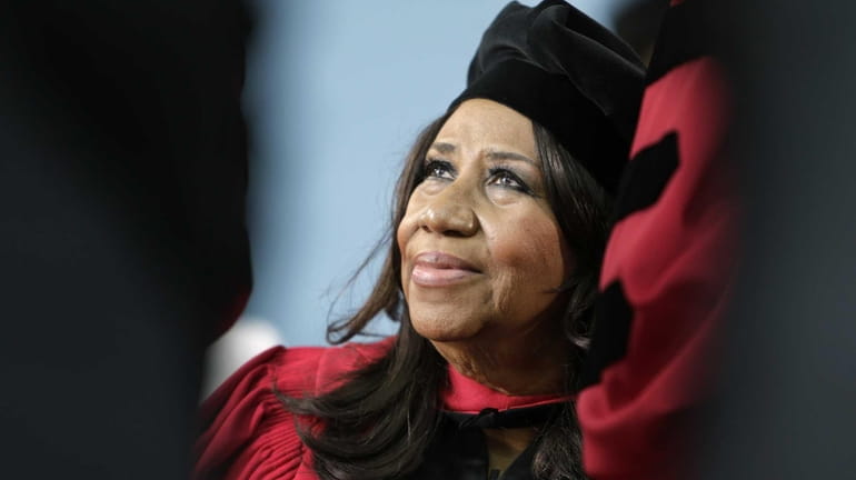 Aretha Franklin on stage during Harvard University commencement ceremonies, in...