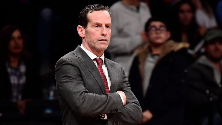 Kenny Atkinson of the Nets reacts against the Nuggets at...