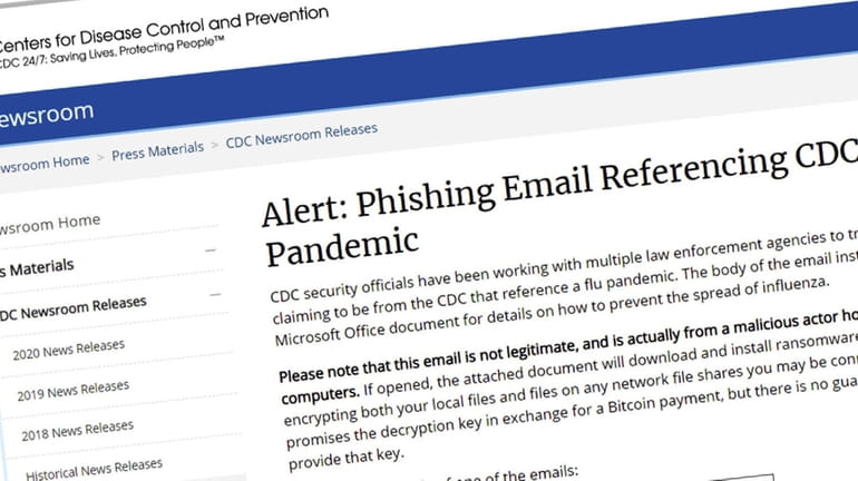 Screengrab shows the CDC Newsroom webpage alerting of a phising email...