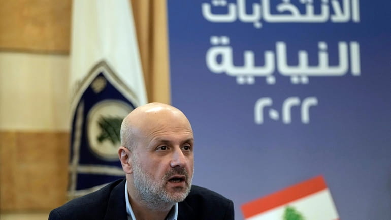 Lebanese Interior Minister Bassam Mawlawi, speaks during a press conference...