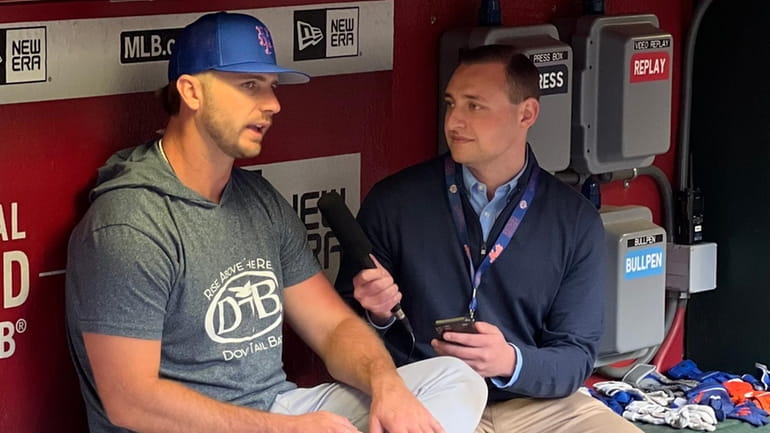 Pete Alonso talks with Mets radio broadcaster Jake Eisenberg before...