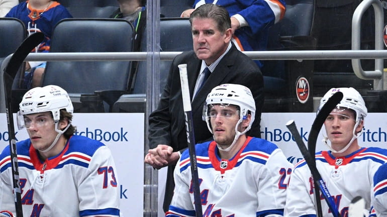 Rangers head coach Peter Laviolette looks on during the first...