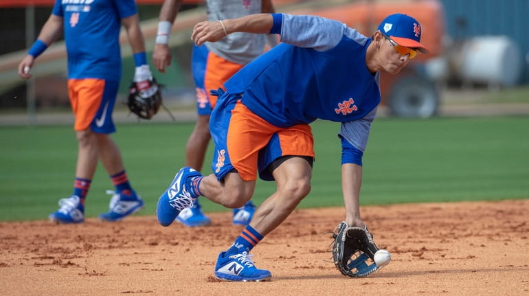 Mets player Andres Gimenez during a spring training workout, Saturday...