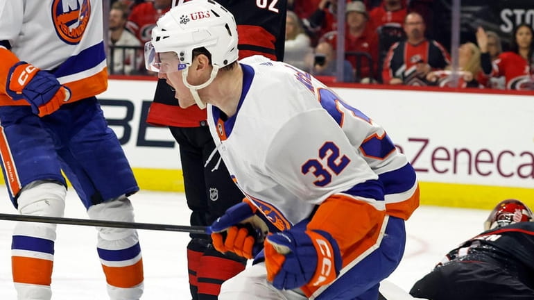 The Islanders' Kyle MacLean celebrates his goal in Game 1 of...