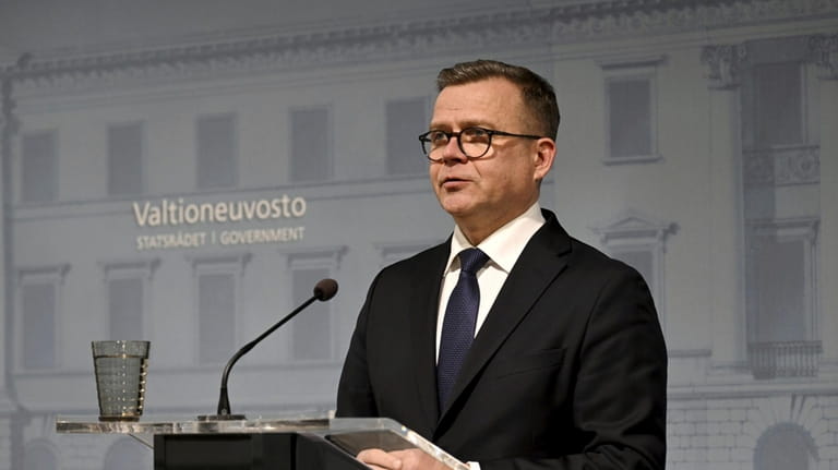 Finnish Prime Minister Petteri Orpo attends a press conference in...