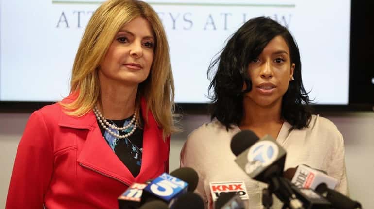 Montia Sabbag, right, and her lawyer, Lisa Bloom, address reporters...