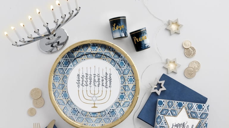 Festive Hanukkah party items available at Party City include Festival...