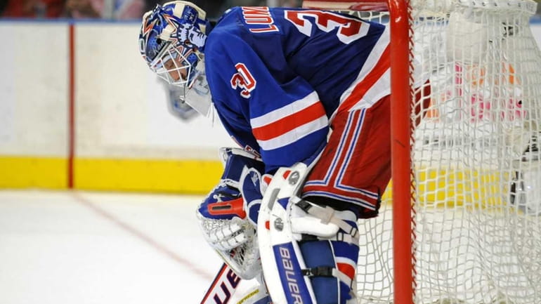 New York Rangers goaltender Henrik Lundqvist reacts during the third...