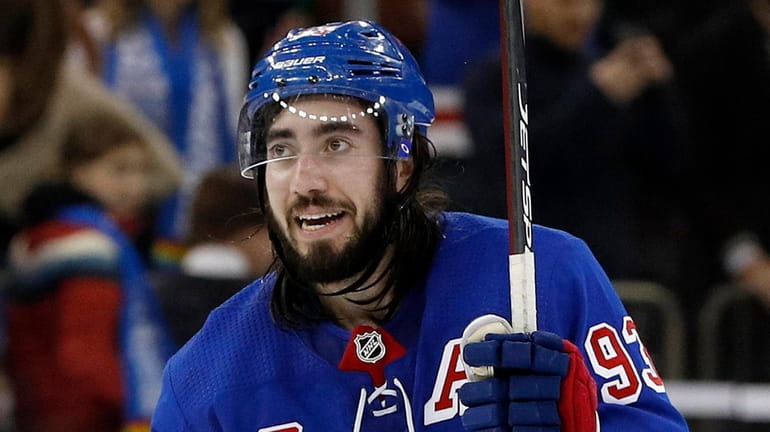 Mika Zibanejad of the Rangers celebrates after defeating the Capitals...