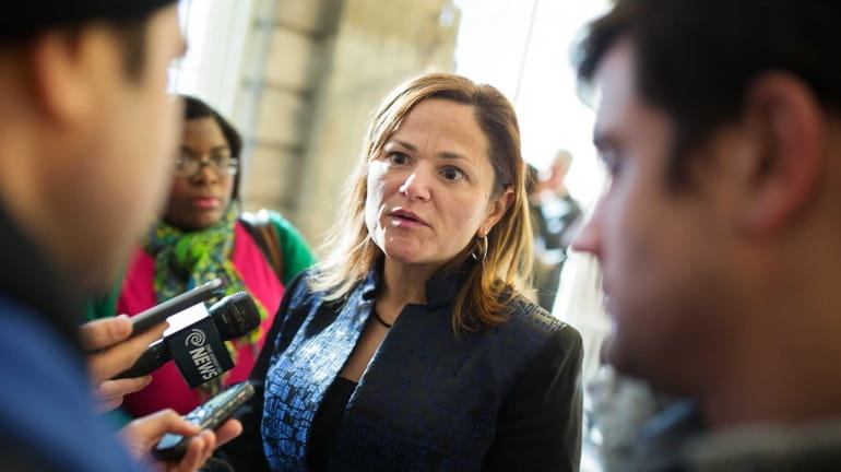City Council member, Melissa Mark-Viverito speaking with reporters at City...