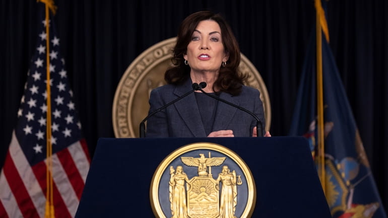 New York Governor Kathy Hochul addresses the media during a...