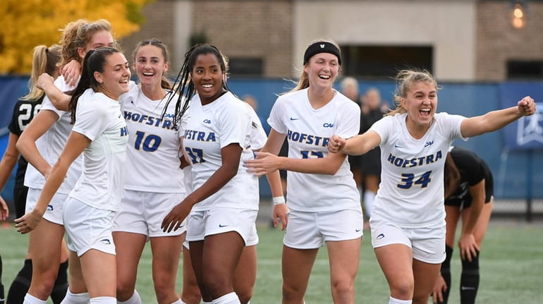 Hofstra players celebrate a goal against Providence during their NCAA tournament...
