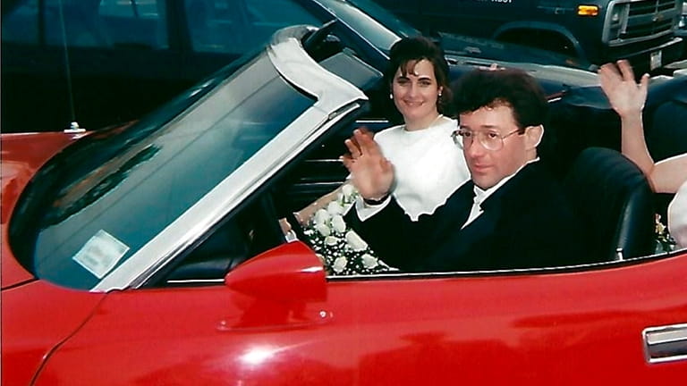 Steve and Pamela Linden drive off on their wedding day...