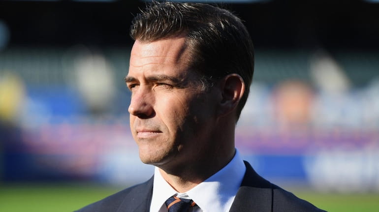 Mets new general manager Brodie Van Wagenen looks on from the...