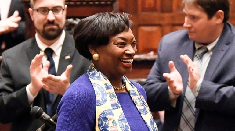 Newly elected Senate Majority Leader Andrea Stewart-Cousins (D-Yonkers) receives a standing...