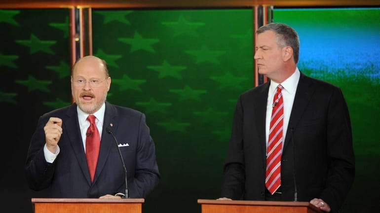 New York City mayoral candidates Joe Lhota, left, and Bill...