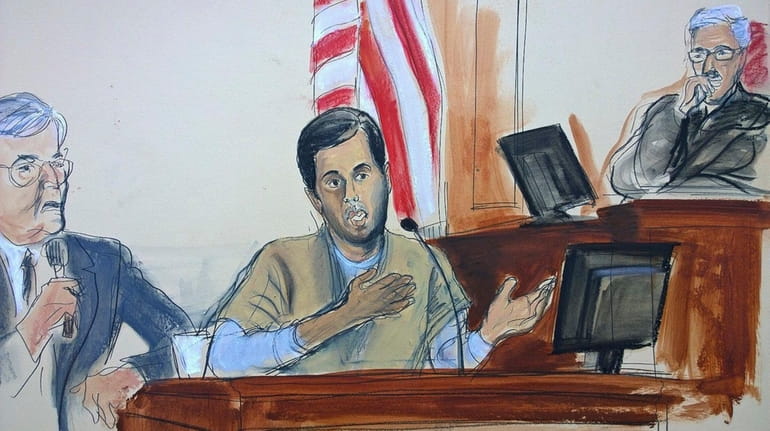 In this courtroom sketch, Turkish-Iranian gold trader Reza Zarrab testifies...