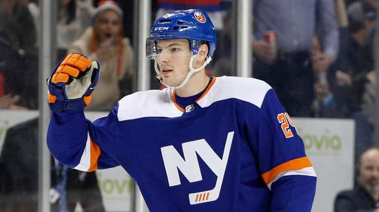 Scott Mayfield of the Islanders celebrates his first period goal...