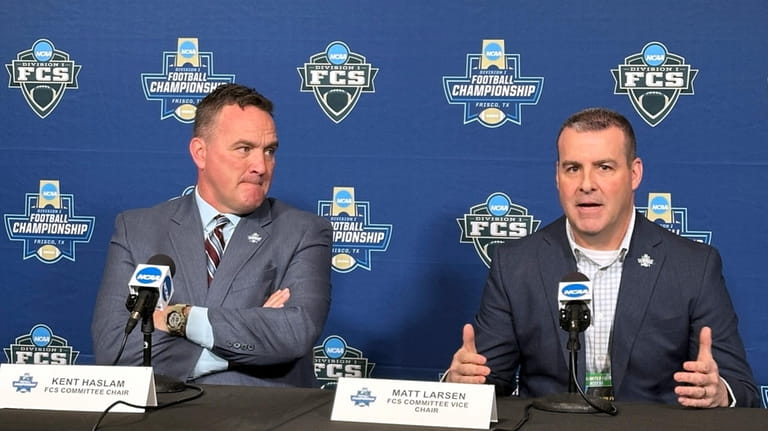 Montana athletic director Kent Haslam, left, chair of the FCS...