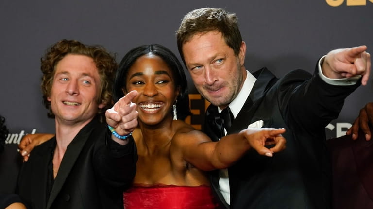 Jeremy Allen White, from left, Ayo Edebiri, and Ebon Moss-Bachrach...