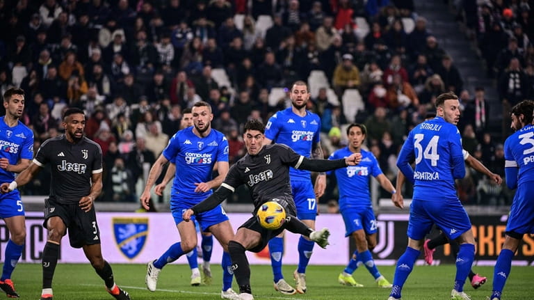 Juventus' Dusan Vlahovic scores a goal, during the Italian Serie...