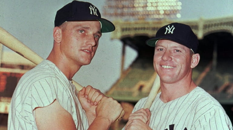 Yankees teammates Roger Maris, left, and Mickey Mantle in 1961.