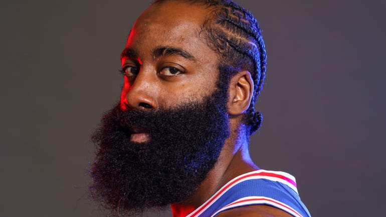 Philadelphia 76ers' James Harden poses for a photograph during media...