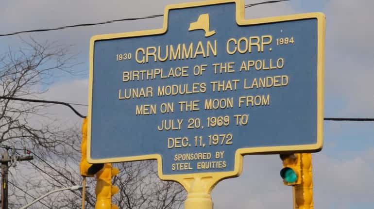 A historic highway road sign outside the former Grumman Corp....