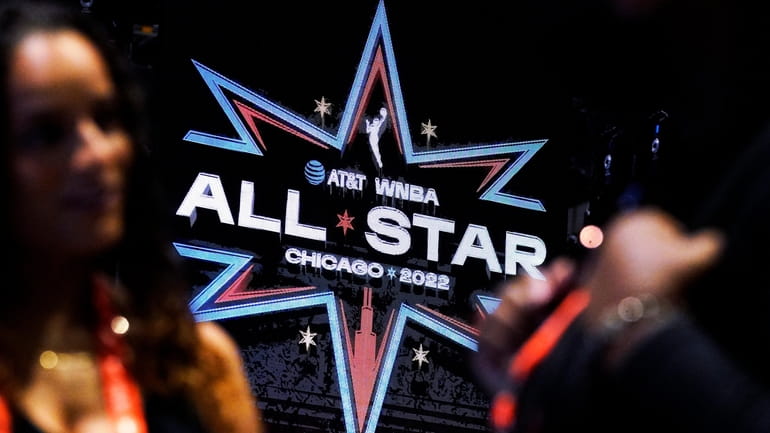 A sign is displayed during practice for the WNBA All-Star...