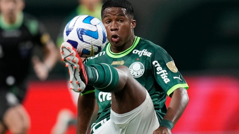 Endrick of Brazil's Palmeiras controls the ball during a Copa...