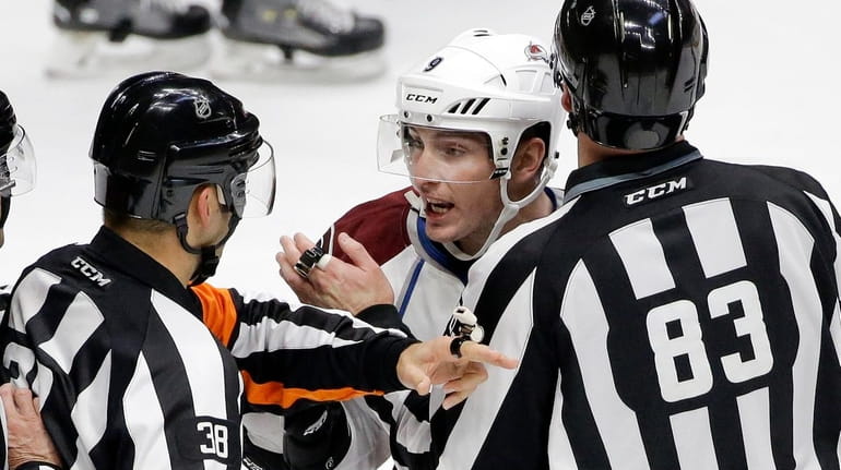 Colorado Avalanche center Matt Duchene (9) argues a penalty call...