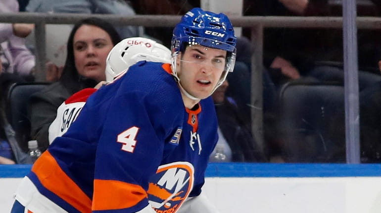 Samuel Bolduc #4 of the Islanders skates during the second period...