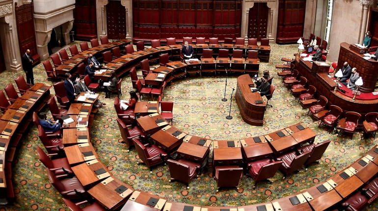 View of the New York state Senate Chamber as members...