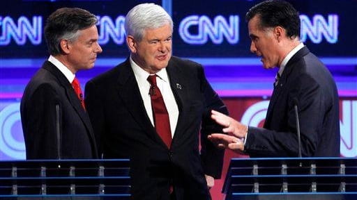 From left, Republican presidential candidates, former Utah Gov. Jon Huntsman...