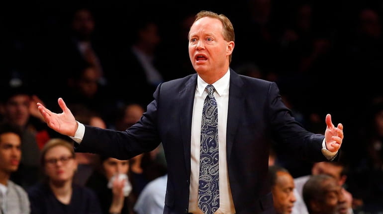 Mike Budenholzer of the Hawks reacts against the Nets at...