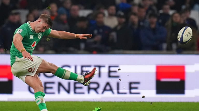Ireland's Jack Crowley kicks a conversion during the Six Nations...