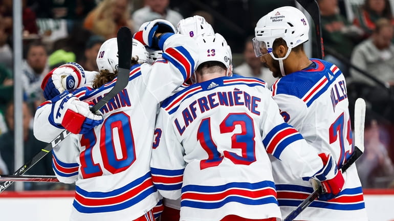 Artemi Panarin #10 of the Rangers celebrates his goal against the...