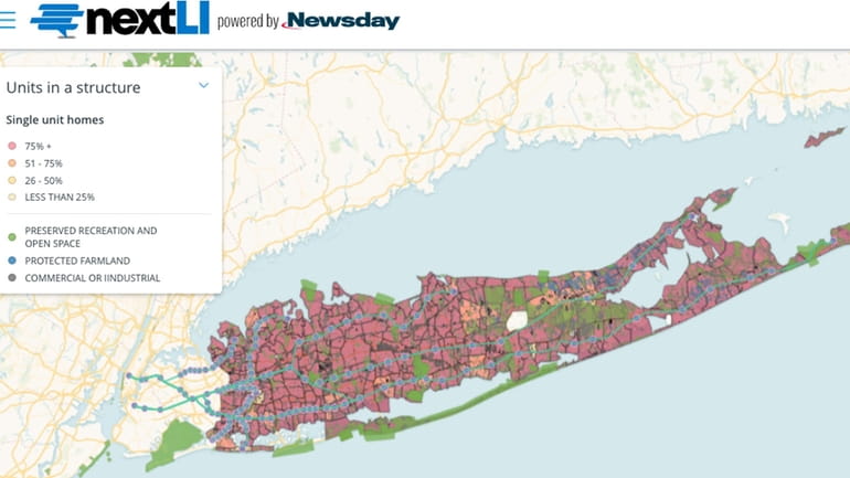 The NextLI map showing the percentage of single family homes vs....