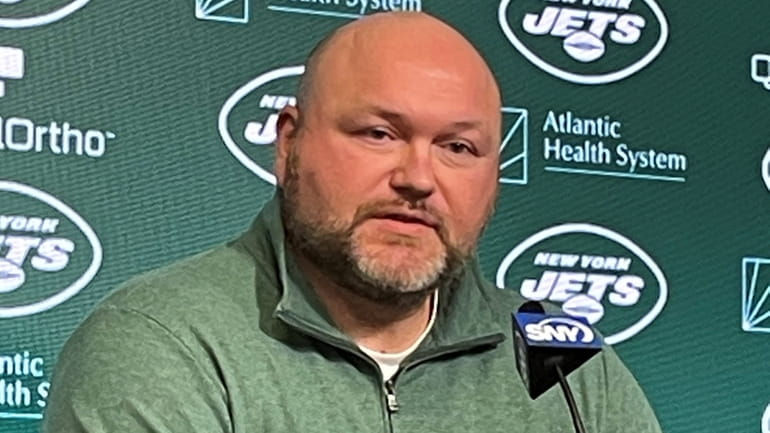 Jets head coach Joe Douglas at the end-of-season press conference...