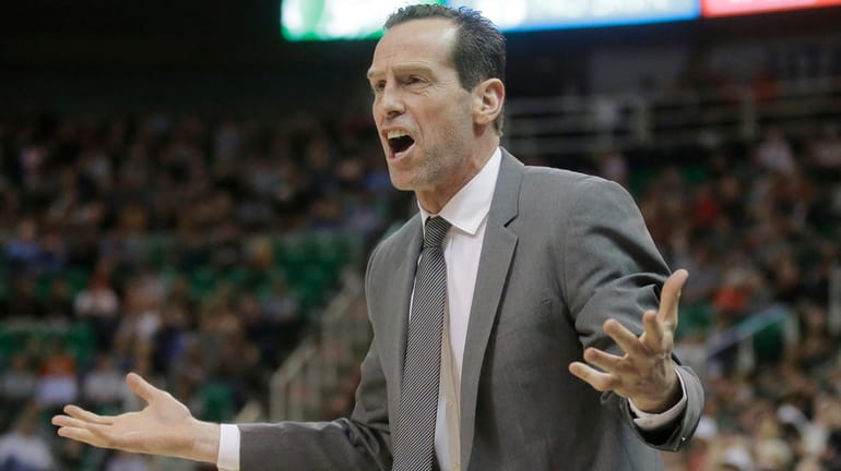 Brooklyn Nets coach Kenny Atkinson shouts to his team during...