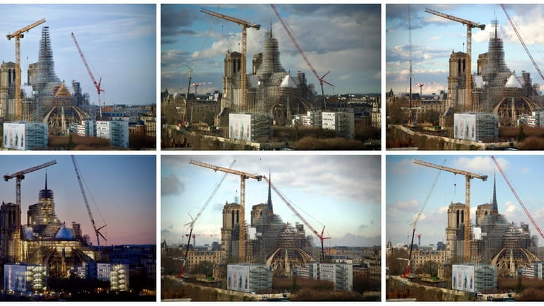 This combination photo shows, from top left, clockwise, the scaffolding...