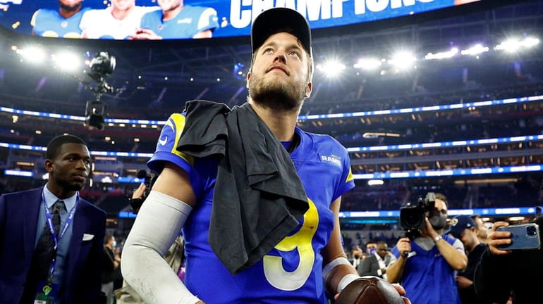 ]Matthew Stafford of the Rams reacts after defeating the49ers in the NFC...