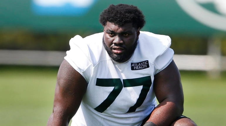 Jets offensive tackle Mekhi Becton during training camp at the Atlantic Health...