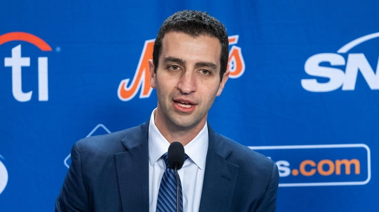 Mets GM David Stearns speaks during a news conference at Citi...