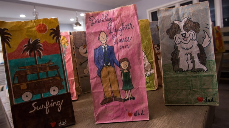 Patrick Murray's paper bag illustrations sometimes mark family events: Mom's...