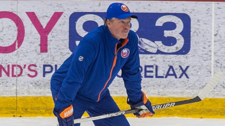 Islanders new head coach Patrick Roy during practice at Northwell...