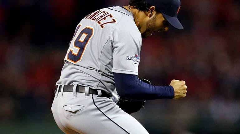 Detroit Tigers pitcher Anibal Sanchez reacts after a strikeout during...