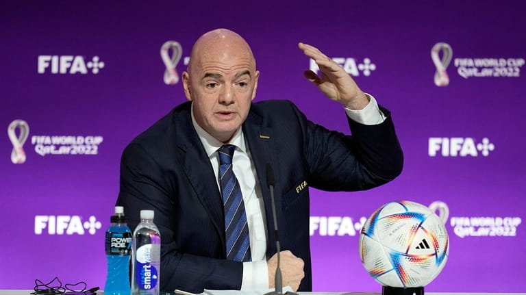 FILE - FIFA President Gianni Infantino speaks at a press...